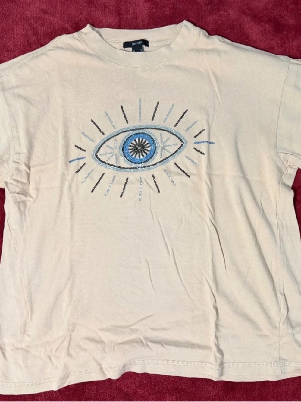 Forever 21 Beige Short Sleeve Tee with Blue and Black Eye Motif